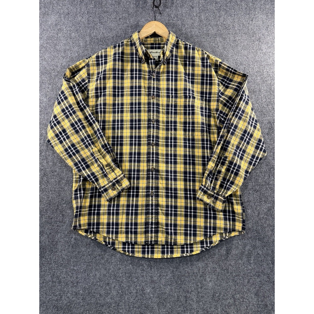 Eddie Bauer Mens Large Yellow Black Plaid Heavy Cotton Button Down Shirt L